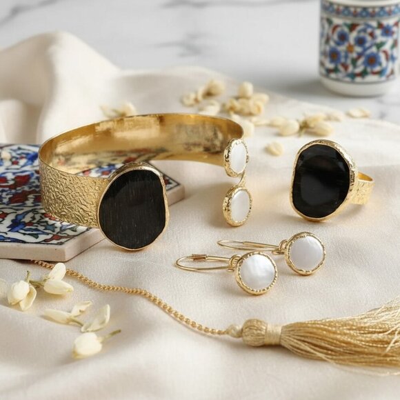 Turkish Artisan Luxury Jewelry Set 18K Gold Plated Brass Genuine Gemstones - Picture 8 of 11